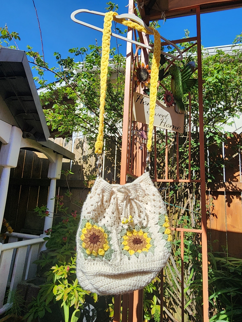 Handmade Cream Crochet Sunflower Bucket Bag with Yellow Strap